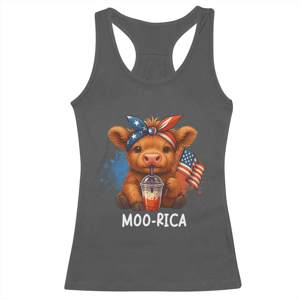 Funny Highland Cow Patriotic Racerback Tank Top Moo Rica USA Flag Cow Farmer - Wonder Print Shop