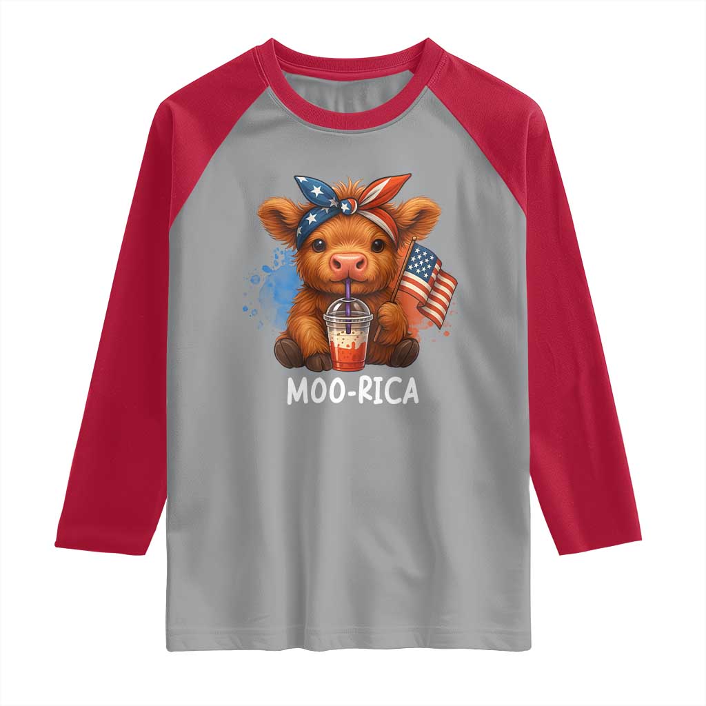 Funny Highland Cow Patriotic Raglan Shirt Moo Rica USA Flag Cow Farmer - Wonder Print Shop
