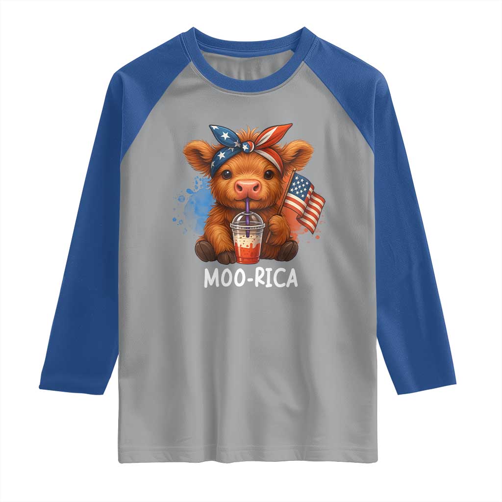 Funny Highland Cow Patriotic Raglan Shirt Moo Rica USA Flag Cow Farmer - Wonder Print Shop