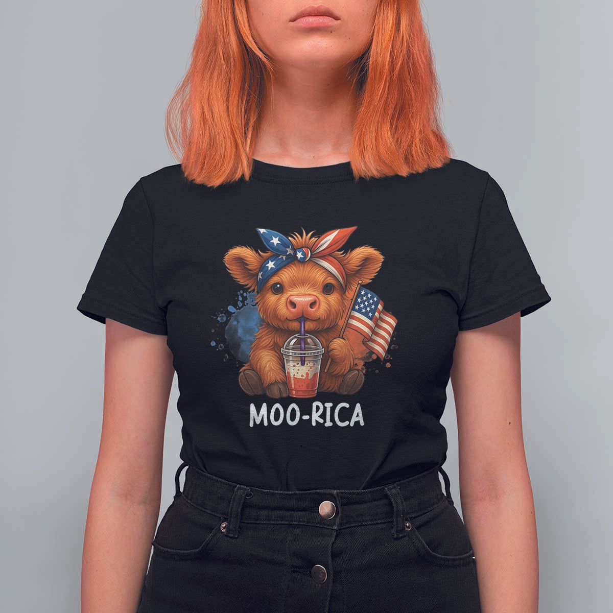 Funny Highland Cow Patriotic T Shirt For Women Moo Rica USA Flag Cow Farmer - Wonder Print Shop