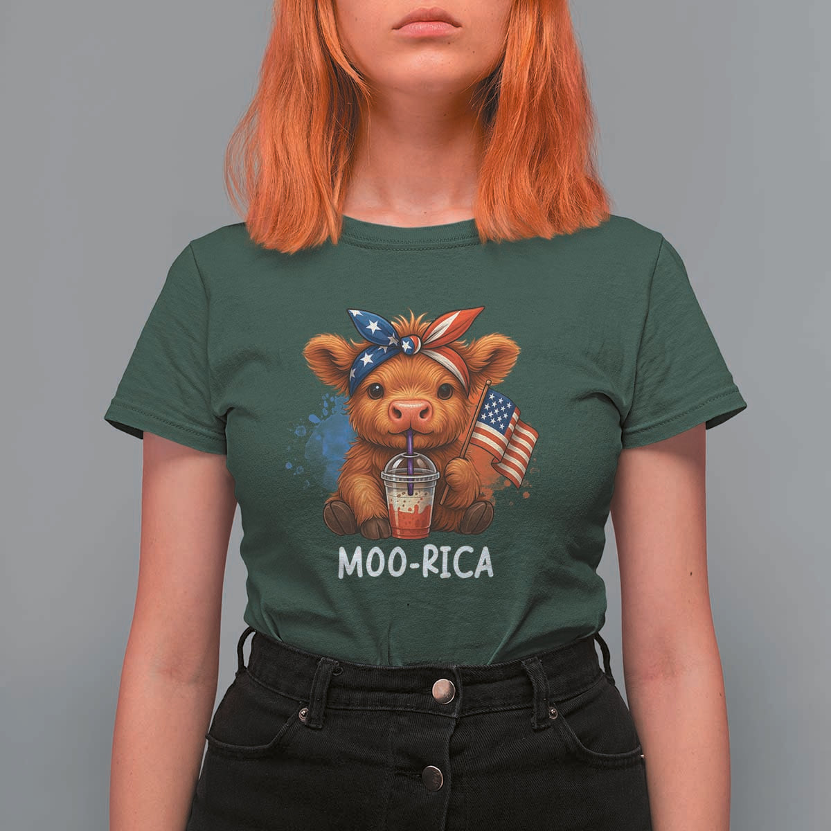 Funny Highland Cow Patriotic T Shirt For Women Moo Rica USA Flag Cow Farmer - Wonder Print Shop