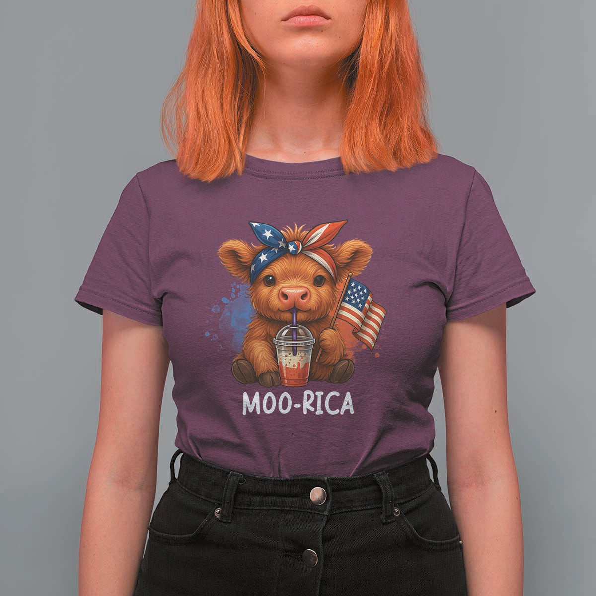 Funny Highland Cow Patriotic T Shirt For Women Moo Rica USA Flag Cow Farmer - Wonder Print Shop