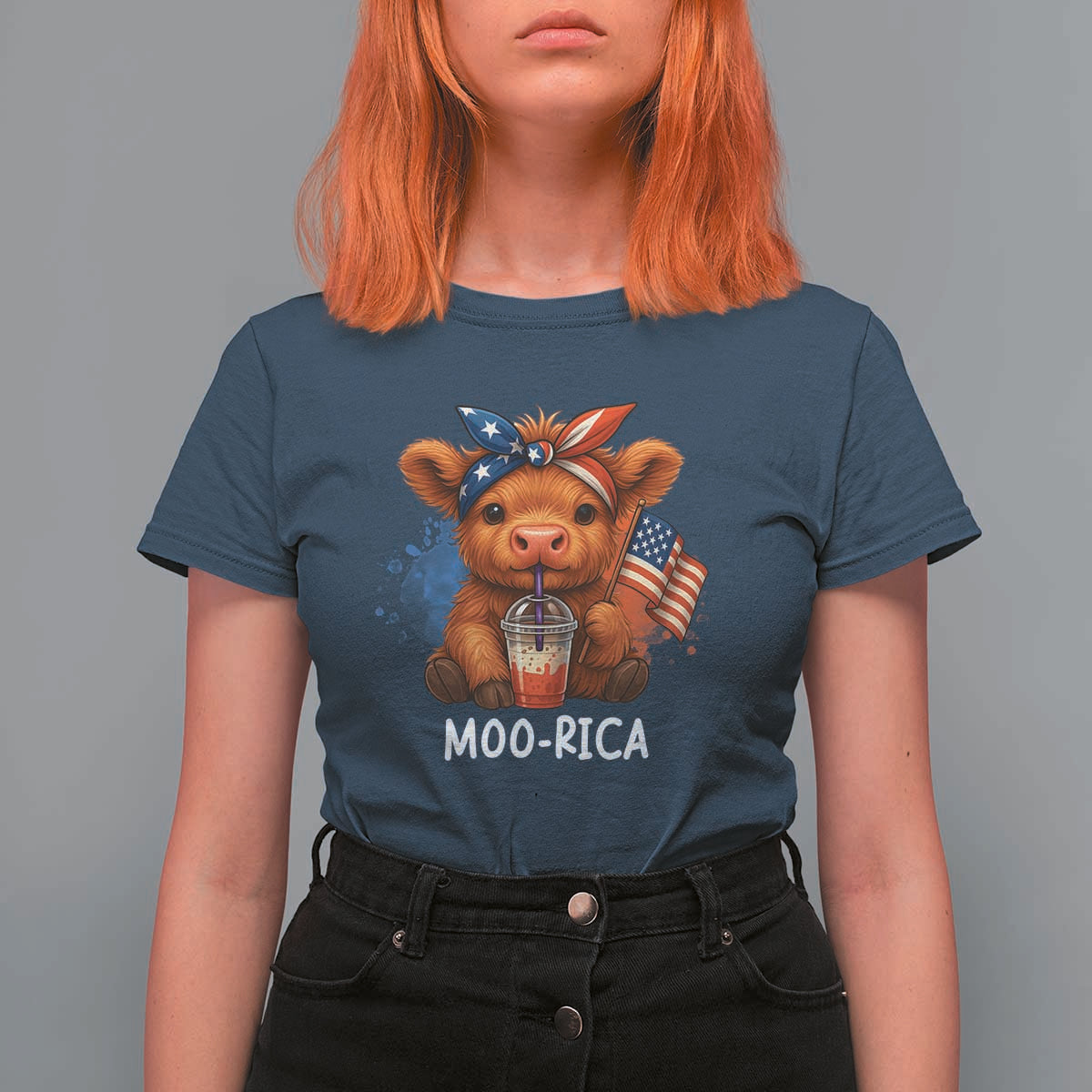 Funny Highland Cow Patriotic T Shirt For Women Moo Rica USA Flag Cow Farmer - Wonder Print Shop