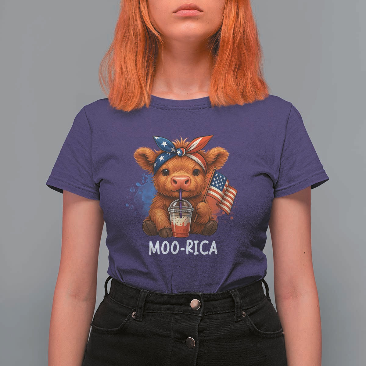 Funny Highland Cow Patriotic T Shirt For Women Moo Rica USA Flag Cow Farmer - Wonder Print Shop