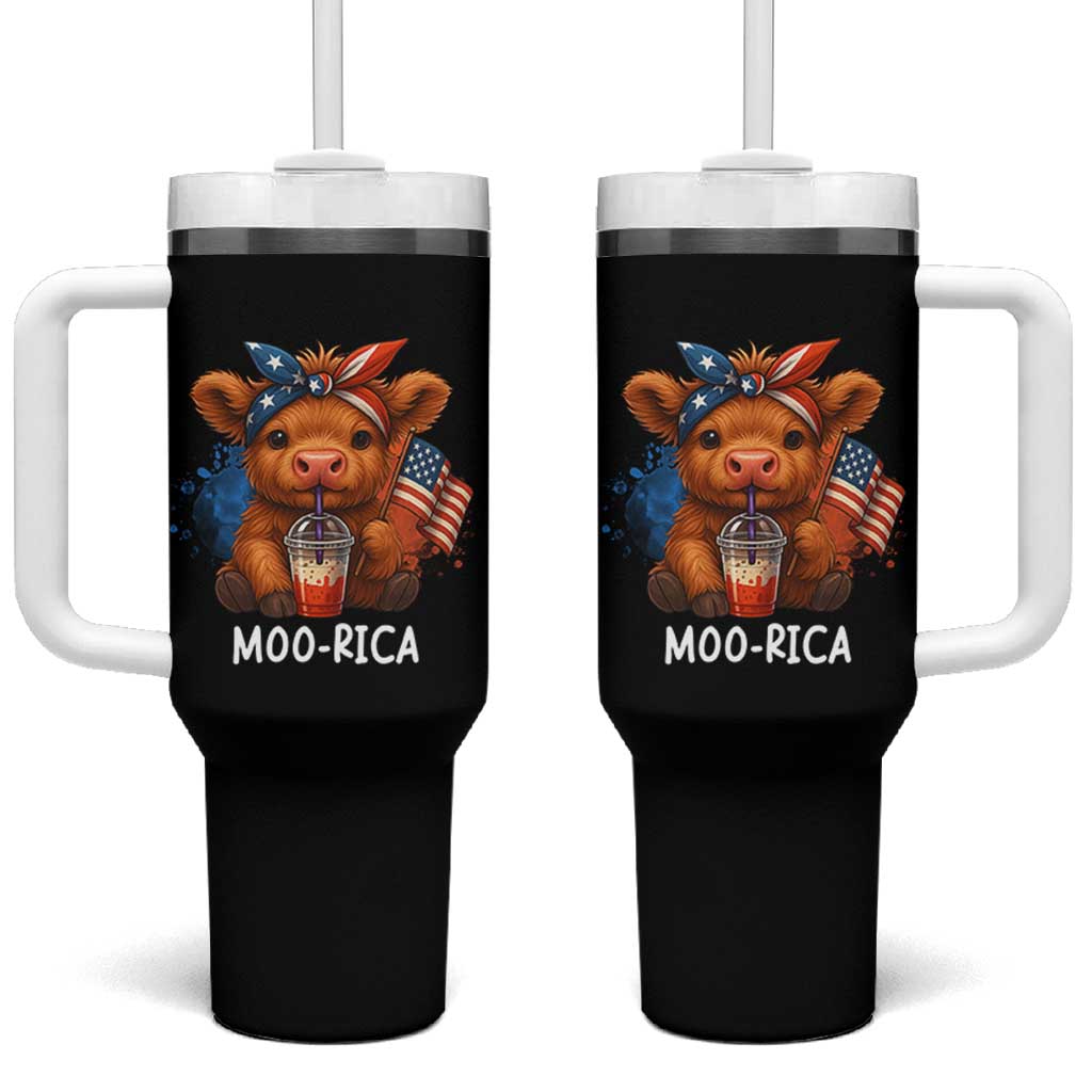 Funny Highland Cow Patriotic Tumbler With Handle Moo Rica USA Flag Cow Farmer