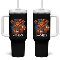 Funny Highland Cow Patriotic Tumbler With Handle Moo Rica USA Flag Cow Farmer