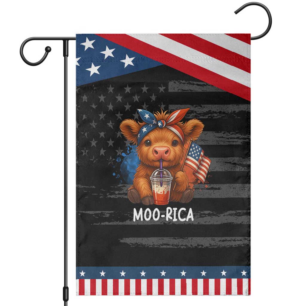 Funny Highland Cow Patriotic Garden Flag Moo Rica USA Flag Cow Farmer