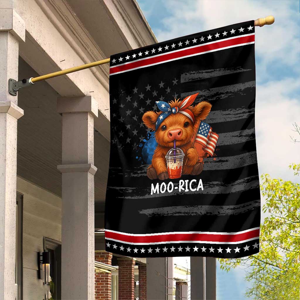 Funny Highland Cow Patriotic Garden Flag Moo Rica USA Flag Cow Farmer