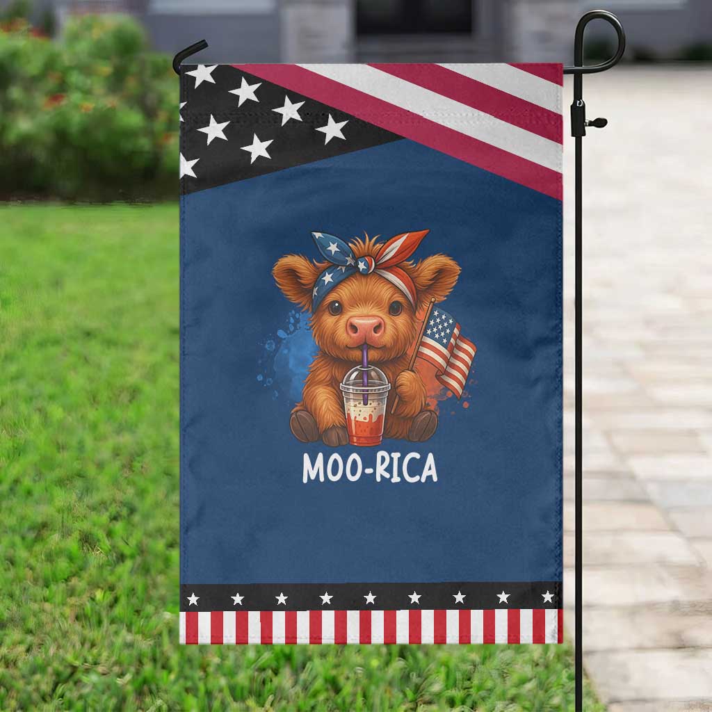 Funny Highland Cow Patriotic Garden Flag Moo Rica USA Flag Cow Farmer