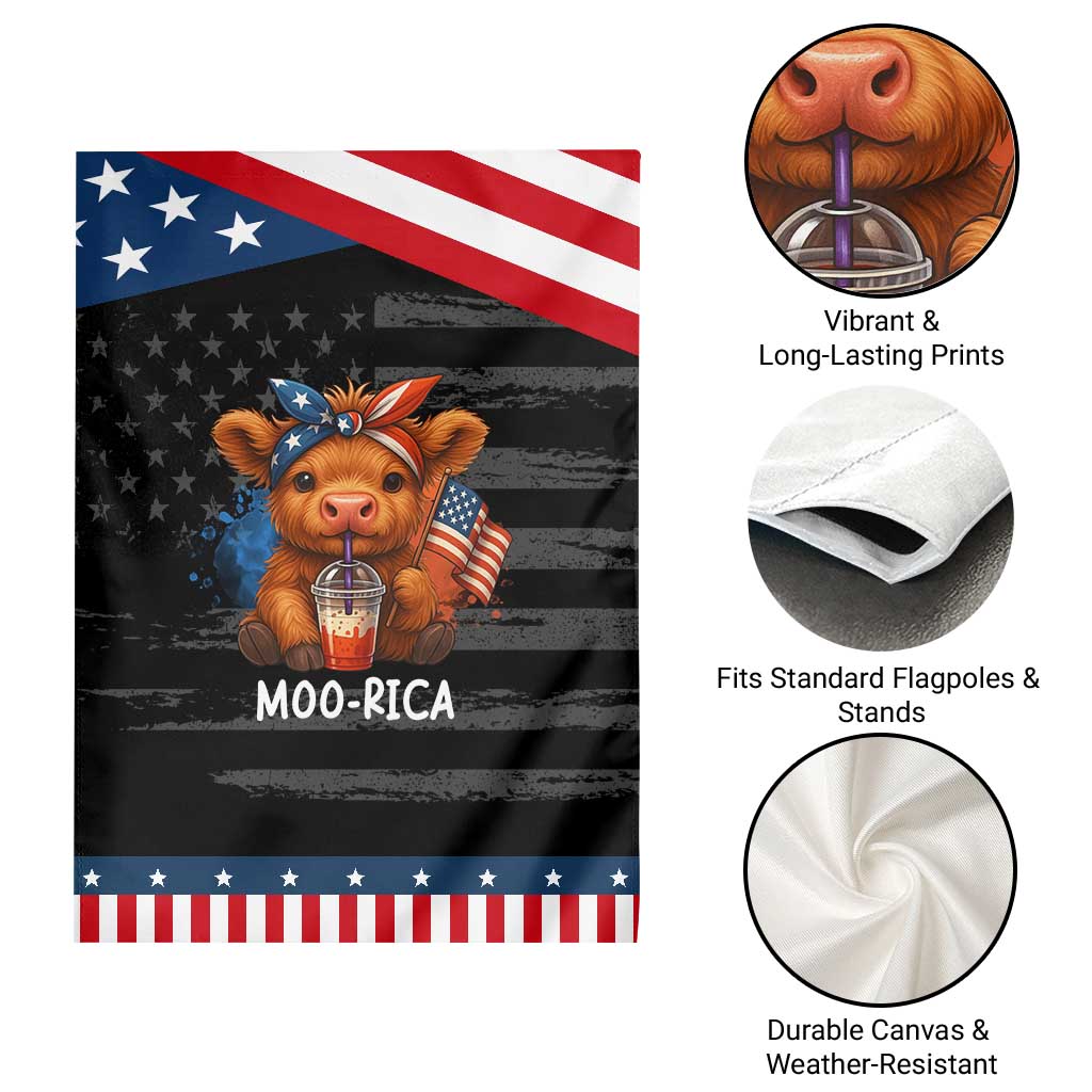 Funny Highland Cow Patriotic Garden Flag Moo Rica USA Flag Cow Farmer