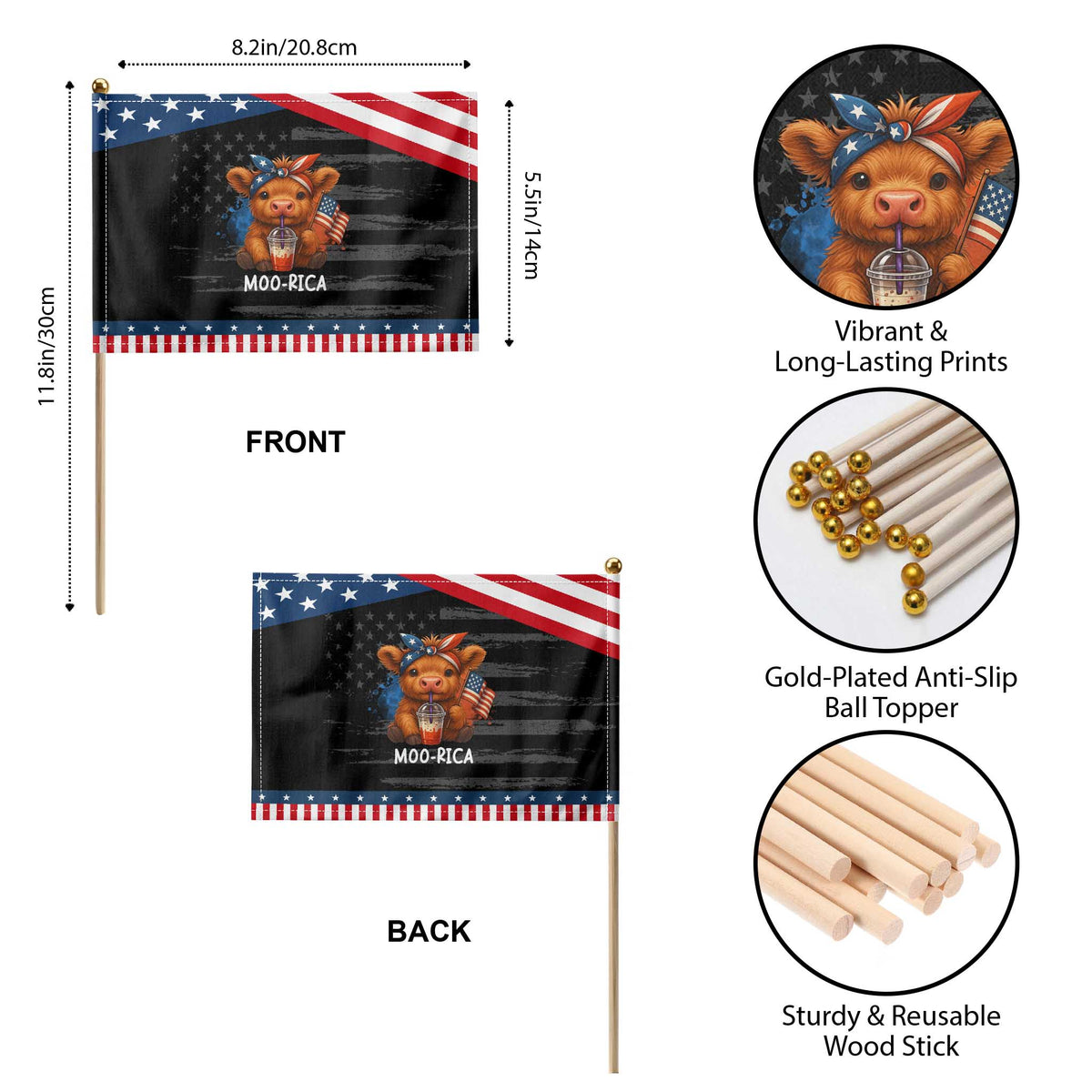 Funny Highland Cow Patriotic Patriotic Handheld Flag Moo Rica USA Flag Cow Farmer TS12
