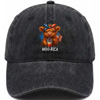 Funny Highland Cow Patriotic Washed Cotton Baseball Cap Moo Rica USA Flag Cow Farmer