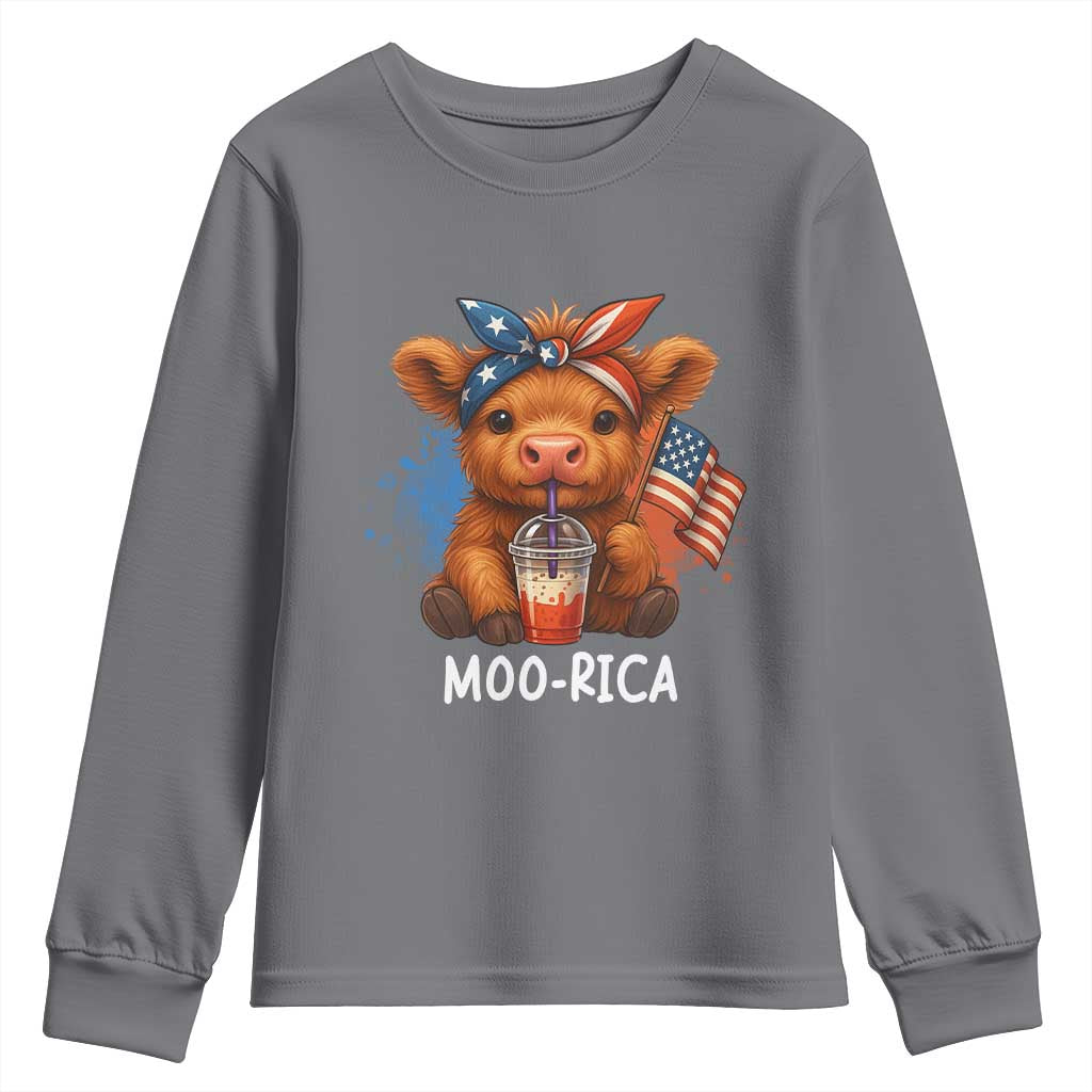 Funny Highland Cow Patriotic Youth Sweatshirt Moo Rica USA Flag Cow Farmer - Wonder Print Shop
