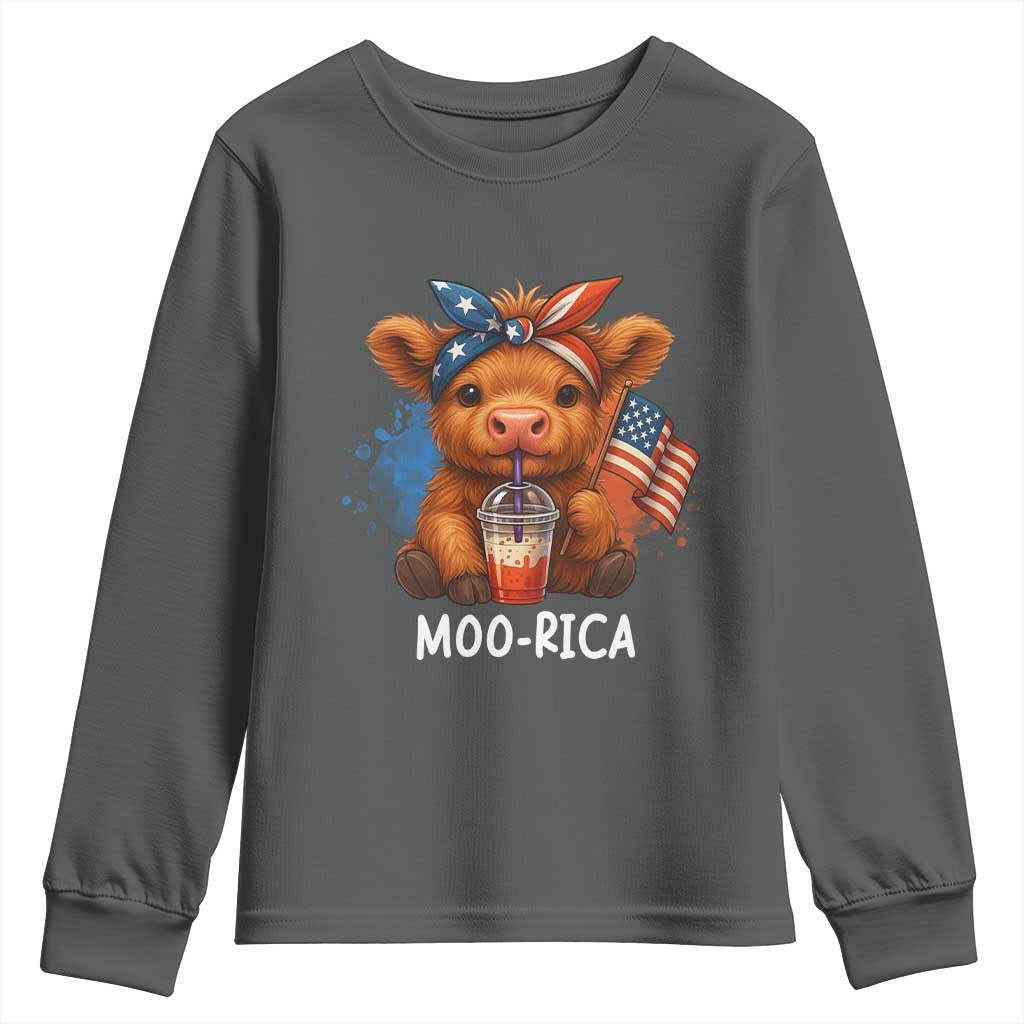 Funny Highland Cow Patriotic Youth Sweatshirt Moo Rica USA Flag Cow Farmer - Wonder Print Shop