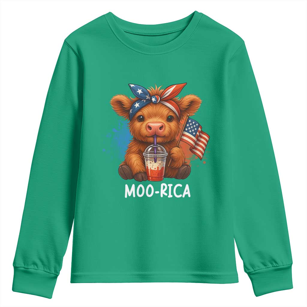 Funny Highland Cow Patriotic Youth Sweatshirt Moo Rica USA Flag Cow Farmer - Wonder Print Shop