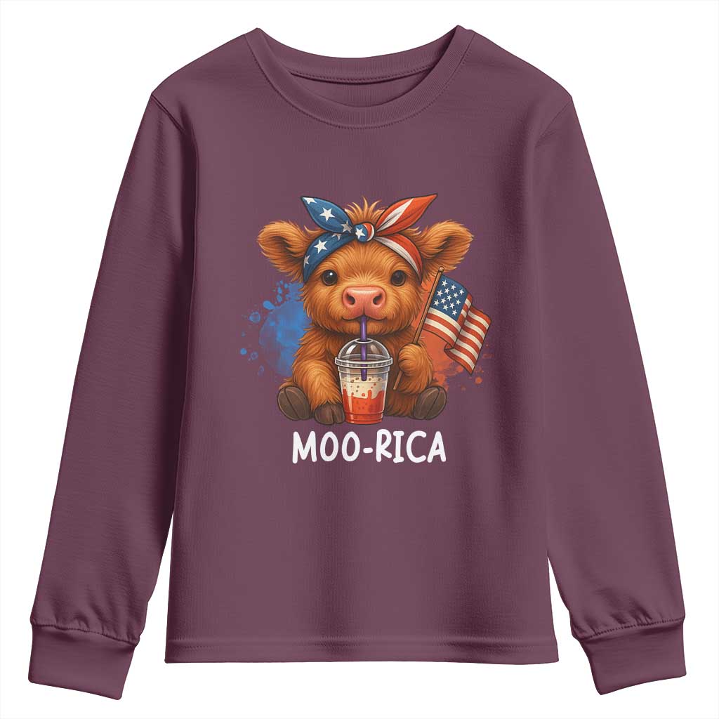 Funny Highland Cow Patriotic Youth Sweatshirt Moo Rica USA Flag Cow Farmer - Wonder Print Shop