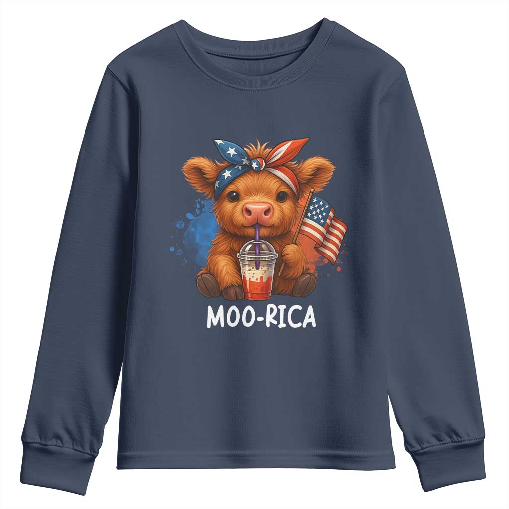 Funny Highland Cow Patriotic Youth Sweatshirt Moo Rica USA Flag Cow Farmer - Wonder Print Shop