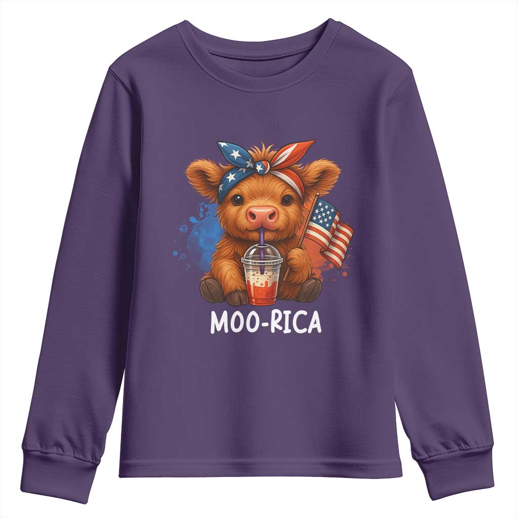 Funny Highland Cow Patriotic Youth Sweatshirt Moo Rica USA Flag Cow Farmer - Wonder Print Shop