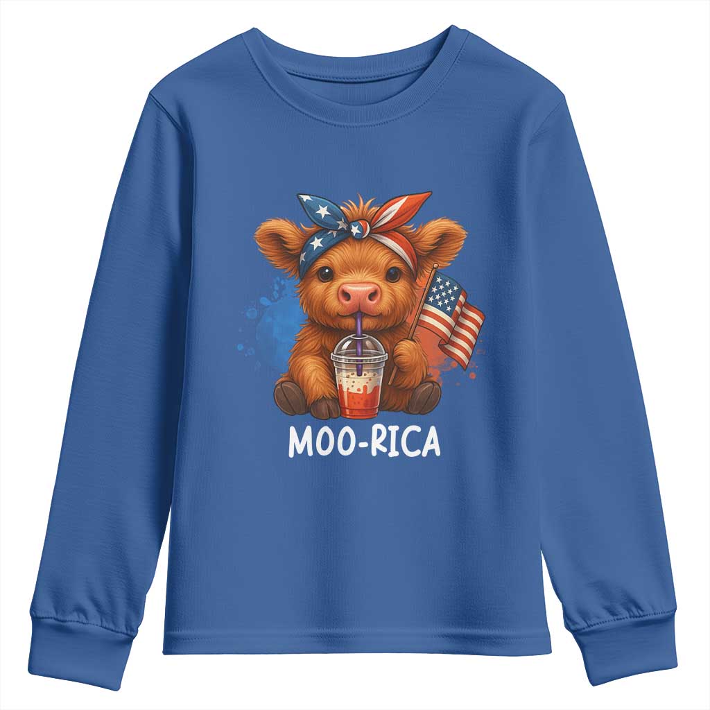 Funny Highland Cow Patriotic Youth Sweatshirt Moo Rica USA Flag Cow Farmer - Wonder Print Shop
