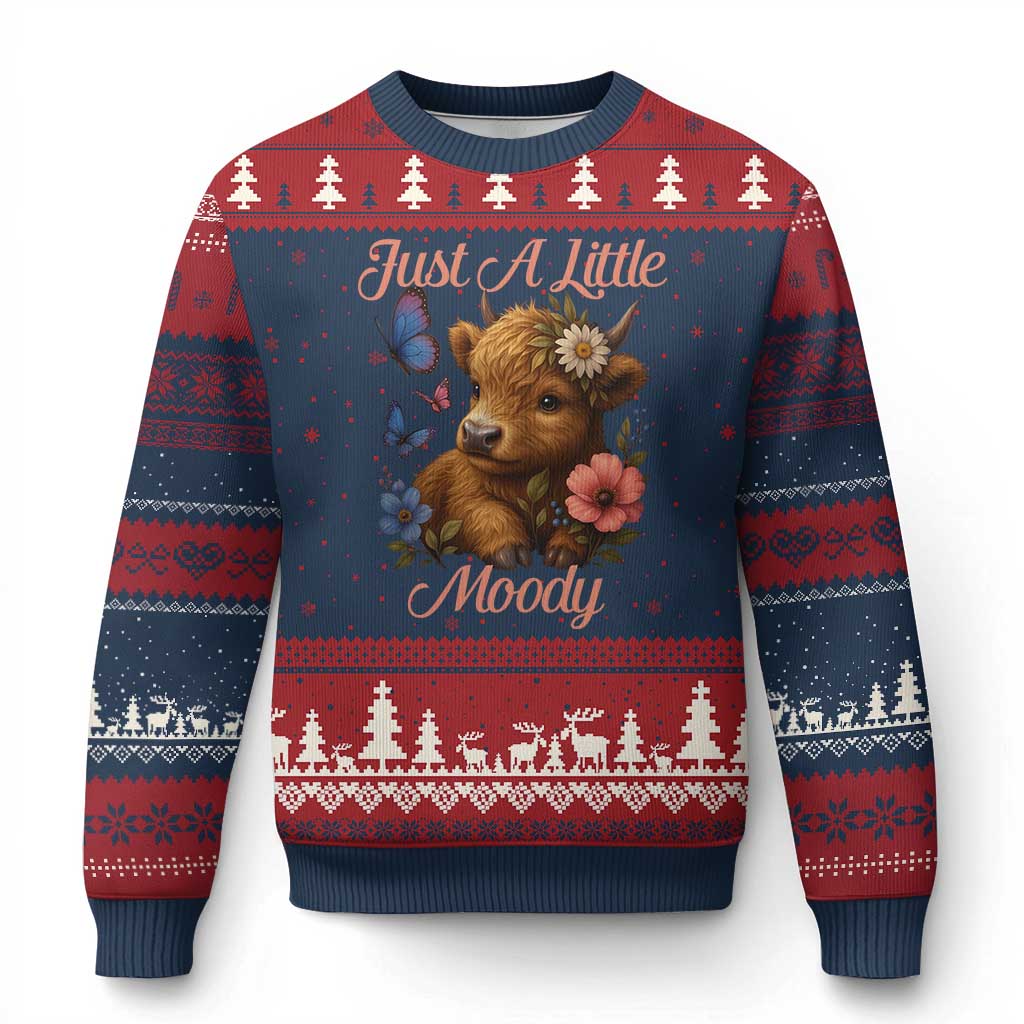 Just A Little Moody Ugly Christmas Sweater Funny Sarcasm Highland Cow - Wonder Print Shop
