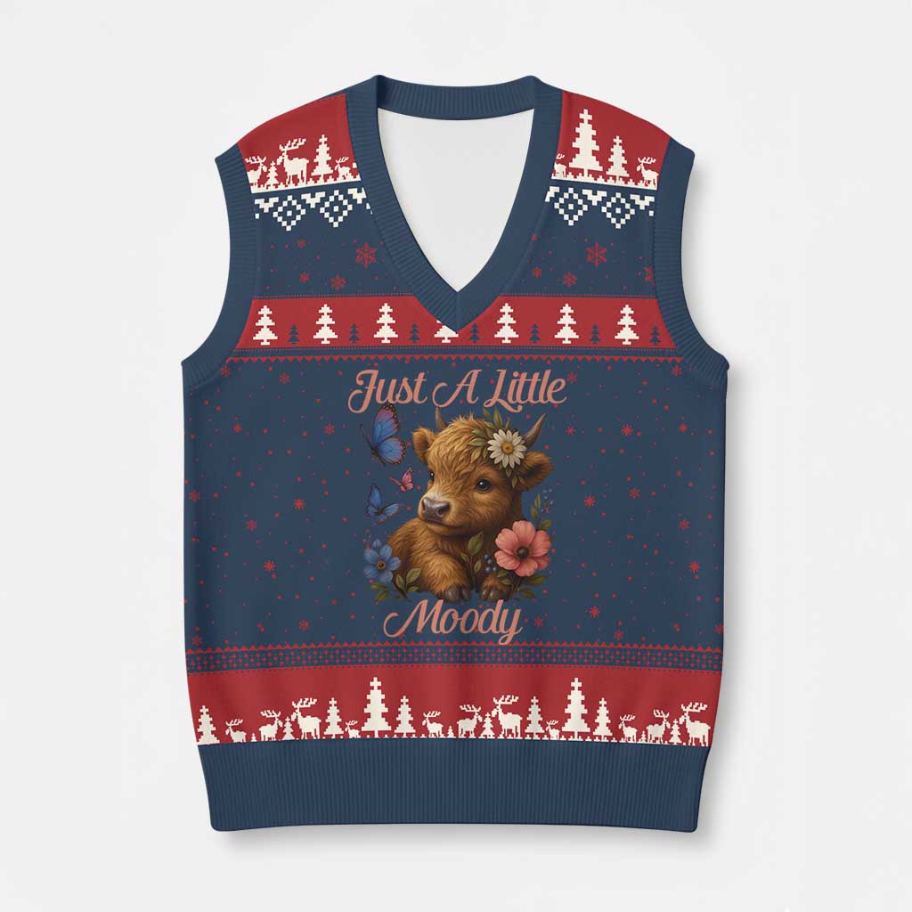 Just A Little Moody V-Neck Knit Sweater Vest Funny Sarcasm Highland Cow - Wonder Print Shop