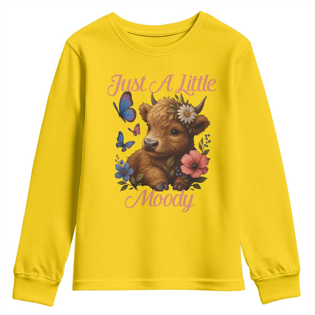 Just A Little Moody Youth Sweatshirt Funny Sarcasm Highland Cow - Wonder Print Shop