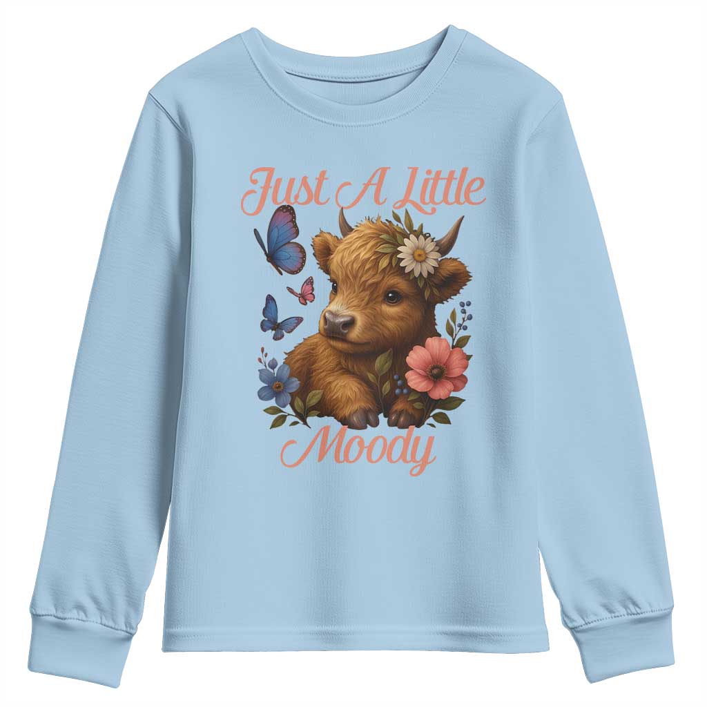 Just A Little Moody Youth Sweatshirt Funny Sarcasm Highland Cow - Wonder Print Shop