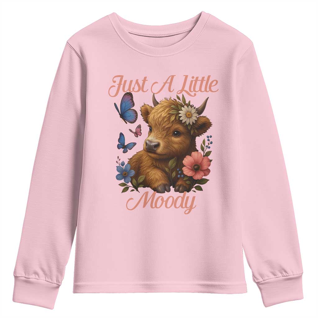 Just A Little Moody Youth Sweatshirt Funny Sarcasm Highland Cow - Wonder Print Shop