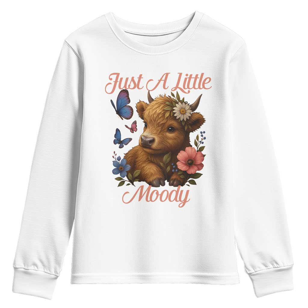 Just A Little Moody Youth Sweatshirt Funny Sarcasm Highland Cow - Wonder Print Shop