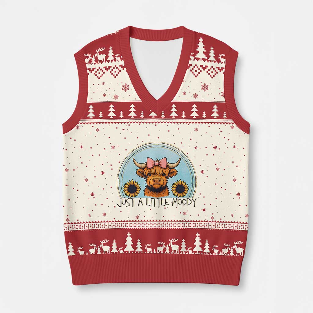 Just A Little Moody V-Neck Knit Sweater Vest Funny Sarcasm Highland Cattle - Wonder Print Shop