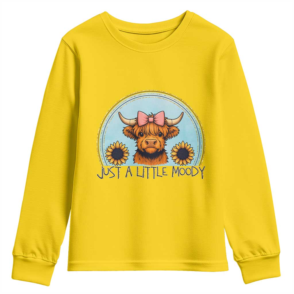 Just A Little Moody Youth Sweatshirt Funny Sarcasm Highland Cattle - Wonder Print Shop