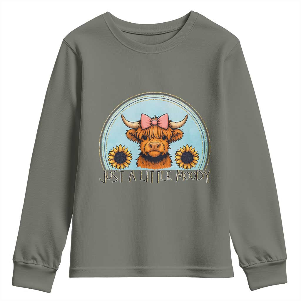Just A Little Moody Youth Sweatshirt Funny Sarcasm Highland Cattle - Wonder Print Shop