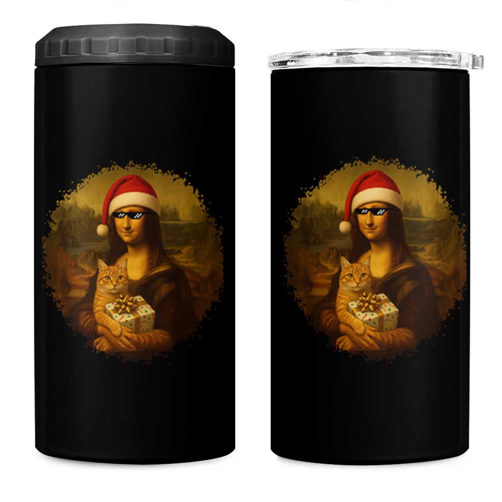 Chritsmas Mona Lisa 4 in 1 Can Cooler Tumbler Funny Holiday Kitty Lover