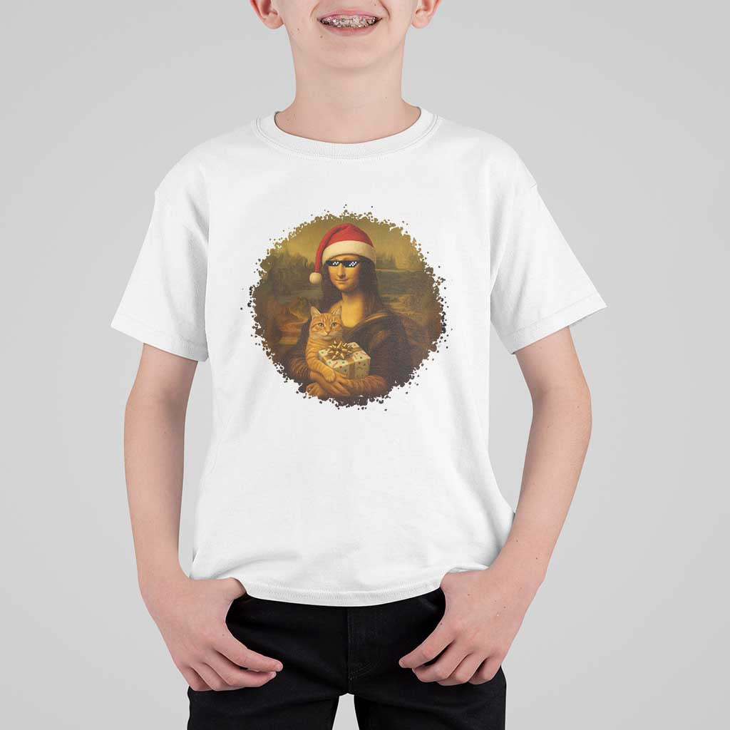 Chritsmas Mona Lisa T Shirt For Kid Funny Holiday Kitty Lover - Wonder Print Shop