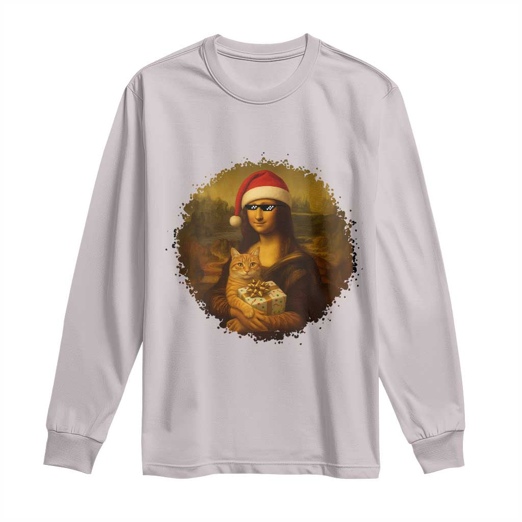 Chritsmas Mona Lisa Long Sleeve Shirt Funny Holiday Kitty Lover - Wonder Print Shop