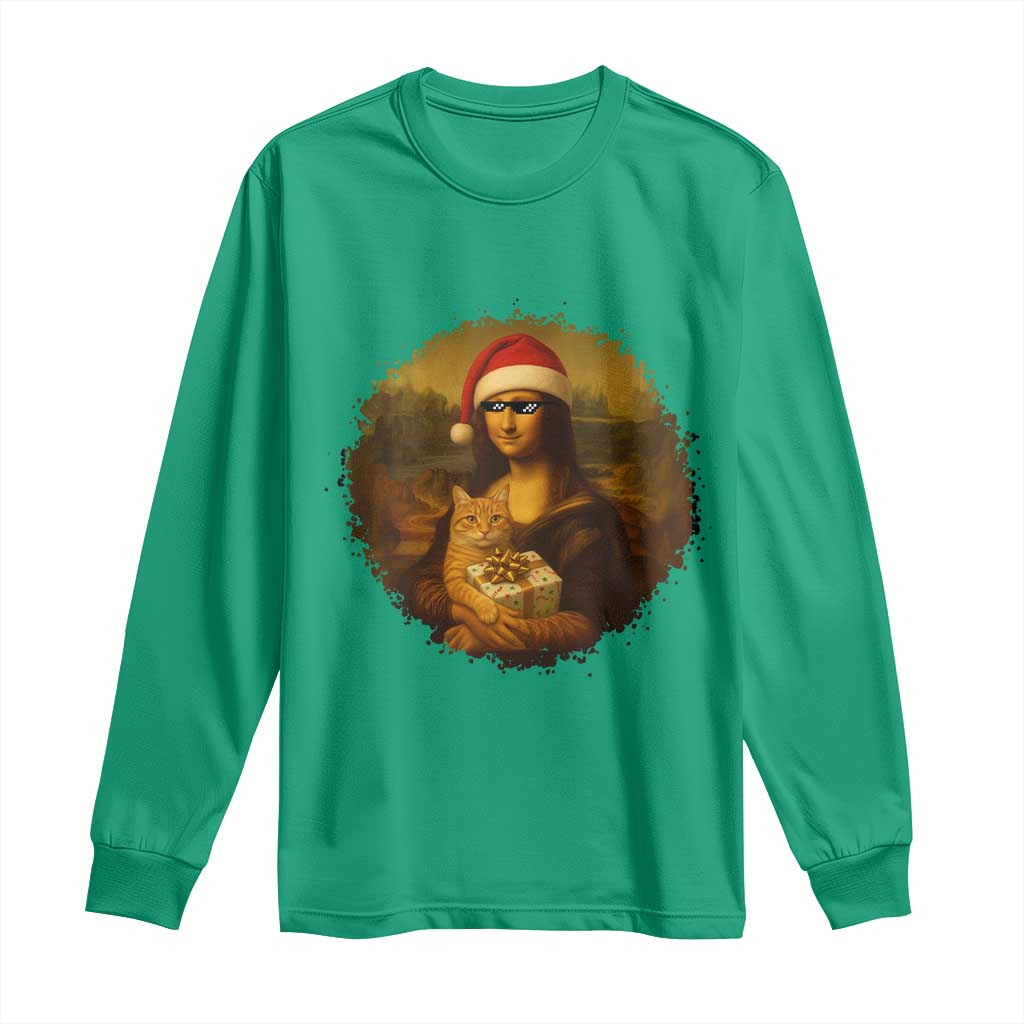 Chritsmas Mona Lisa Long Sleeve Shirt Funny Holiday Kitty Lover - Wonder Print Shop