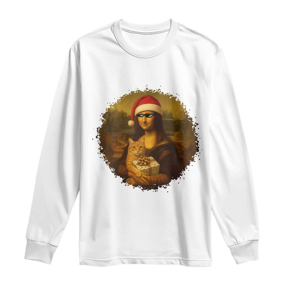 Chritsmas Mona Lisa Long Sleeve Shirt Funny Holiday Kitty Lover - Wonder Print Shop
