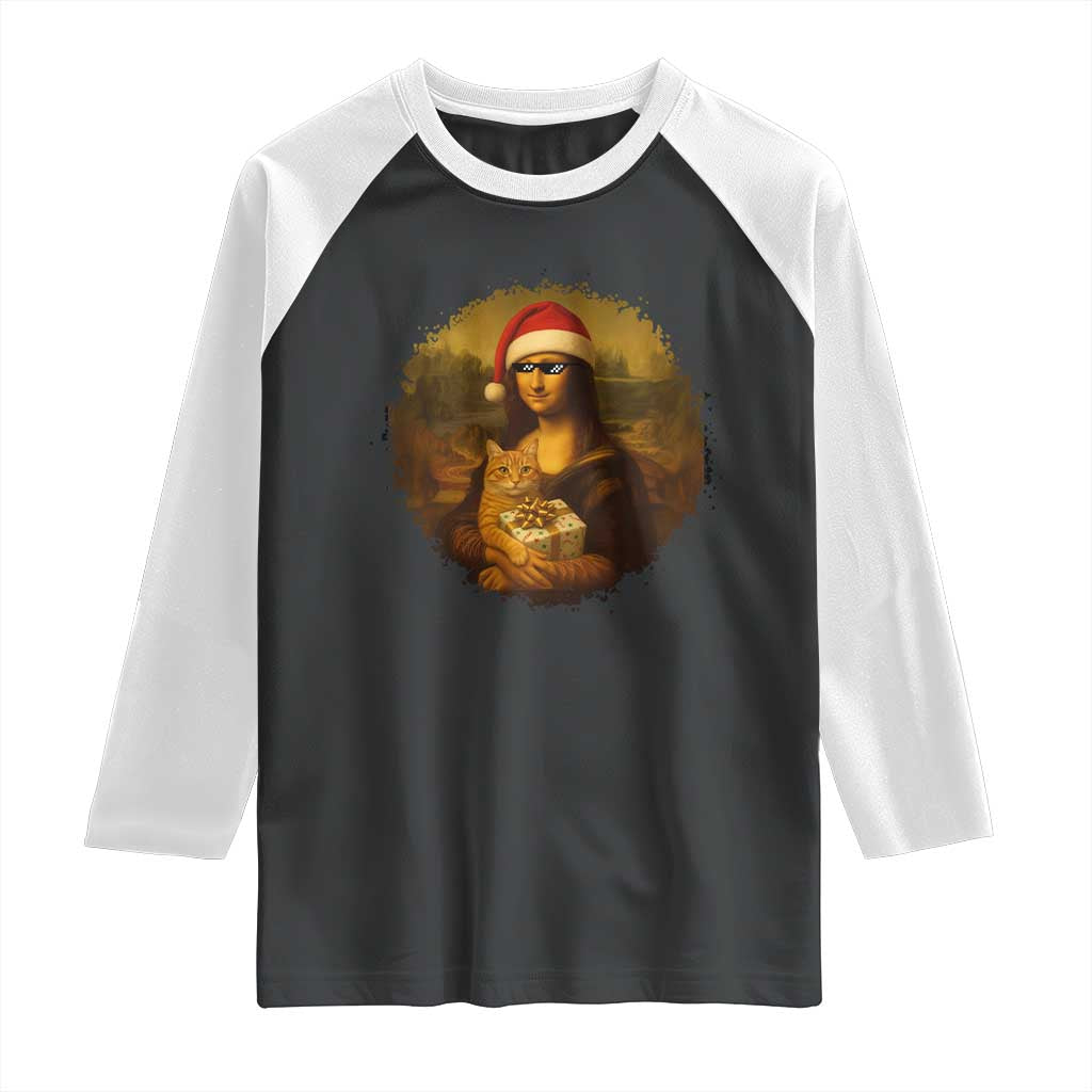 Chritsmas Mona Lisa Raglan Shirt Funny Holiday Kitty Lover - Wonder Print Shop