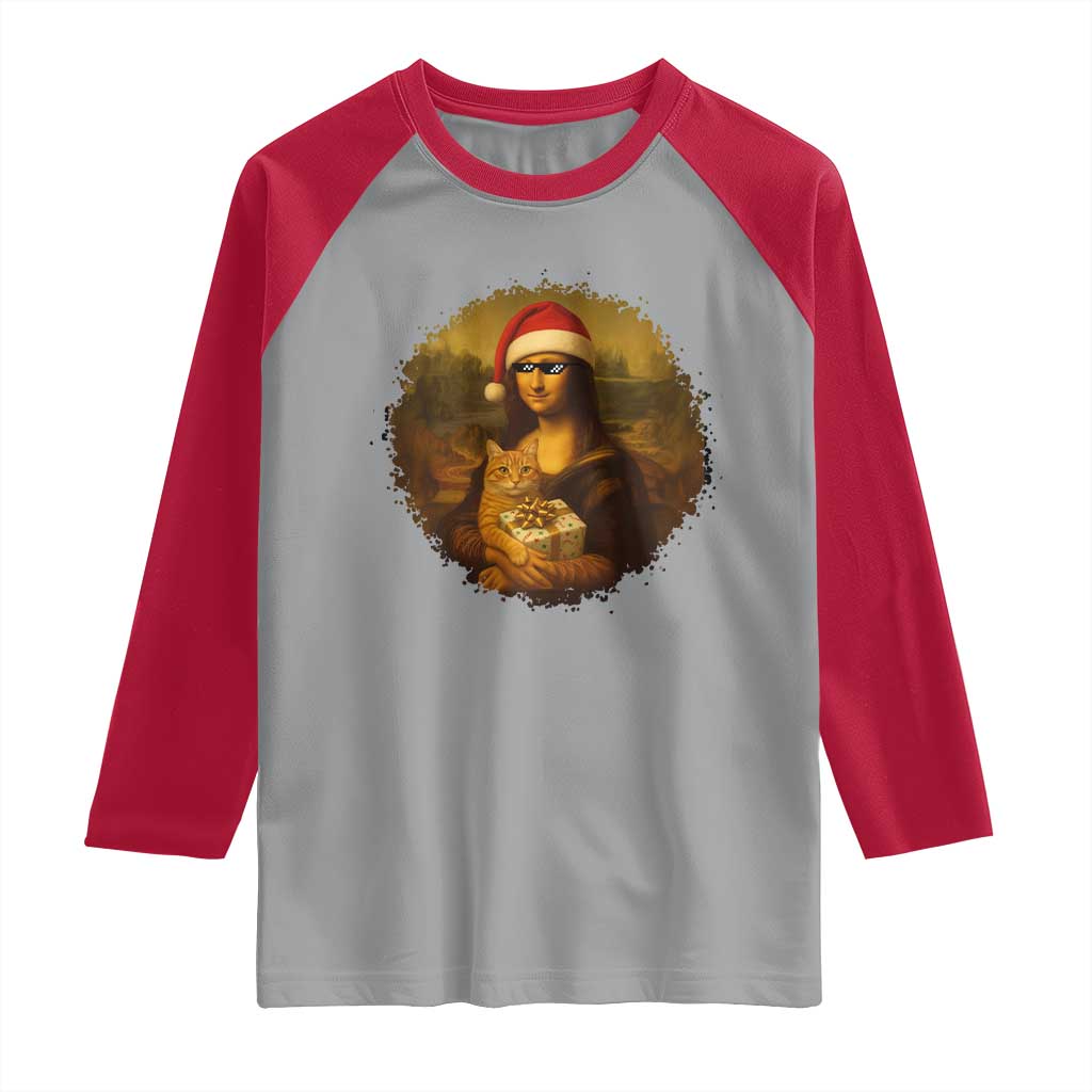 Chritsmas Mona Lisa Raglan Shirt Funny Holiday Kitty Lover - Wonder Print Shop