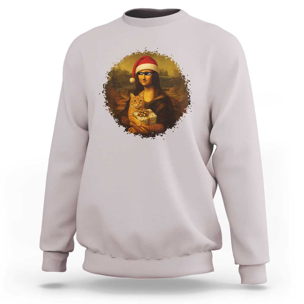 Chritsmas Mona Lisa Sweatshirt Funny Holiday Kitty Lover - Wonder Print Shop