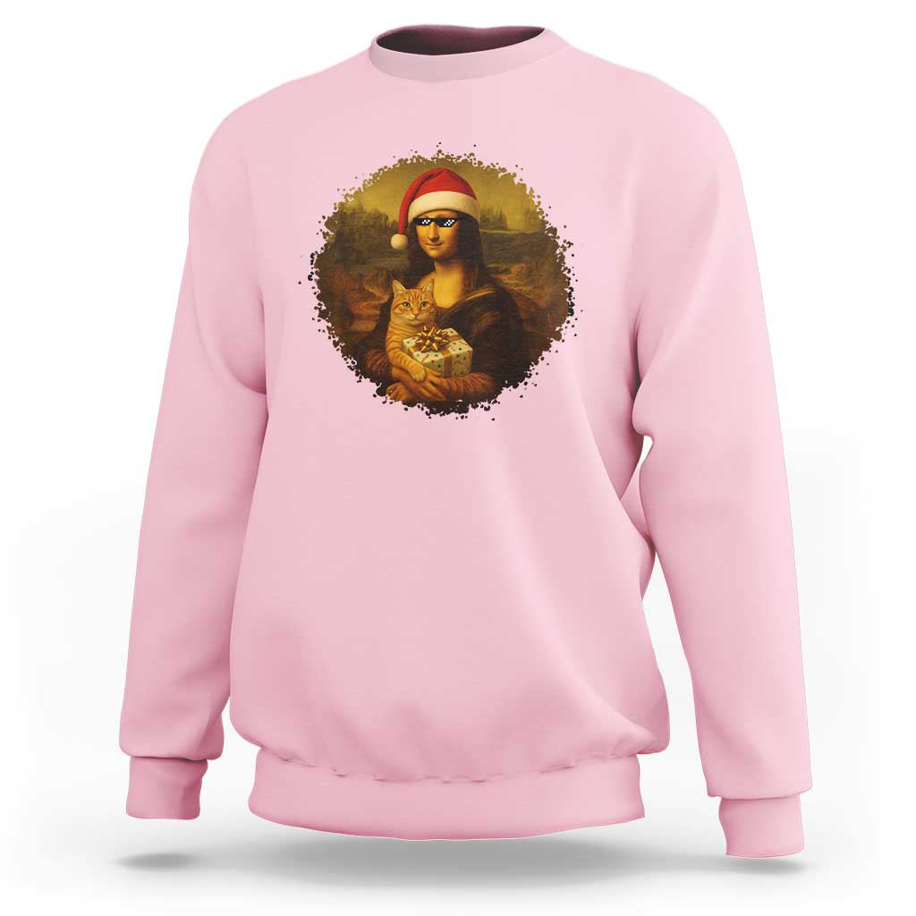 Chritsmas Mona Lisa Sweatshirt Funny Holiday Kitty Lover - Wonder Print Shop