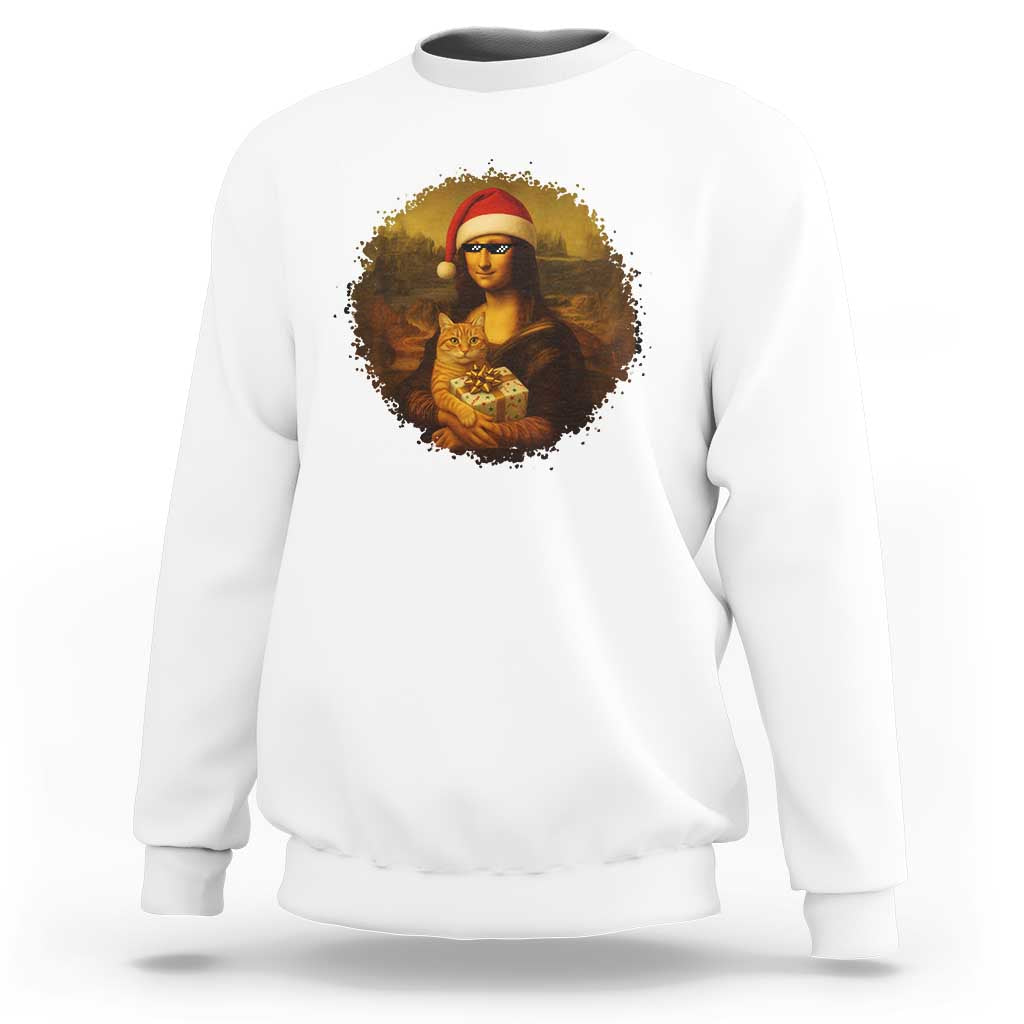 Chritsmas Mona Lisa Sweatshirt Funny Holiday Kitty Lover - Wonder Print Shop