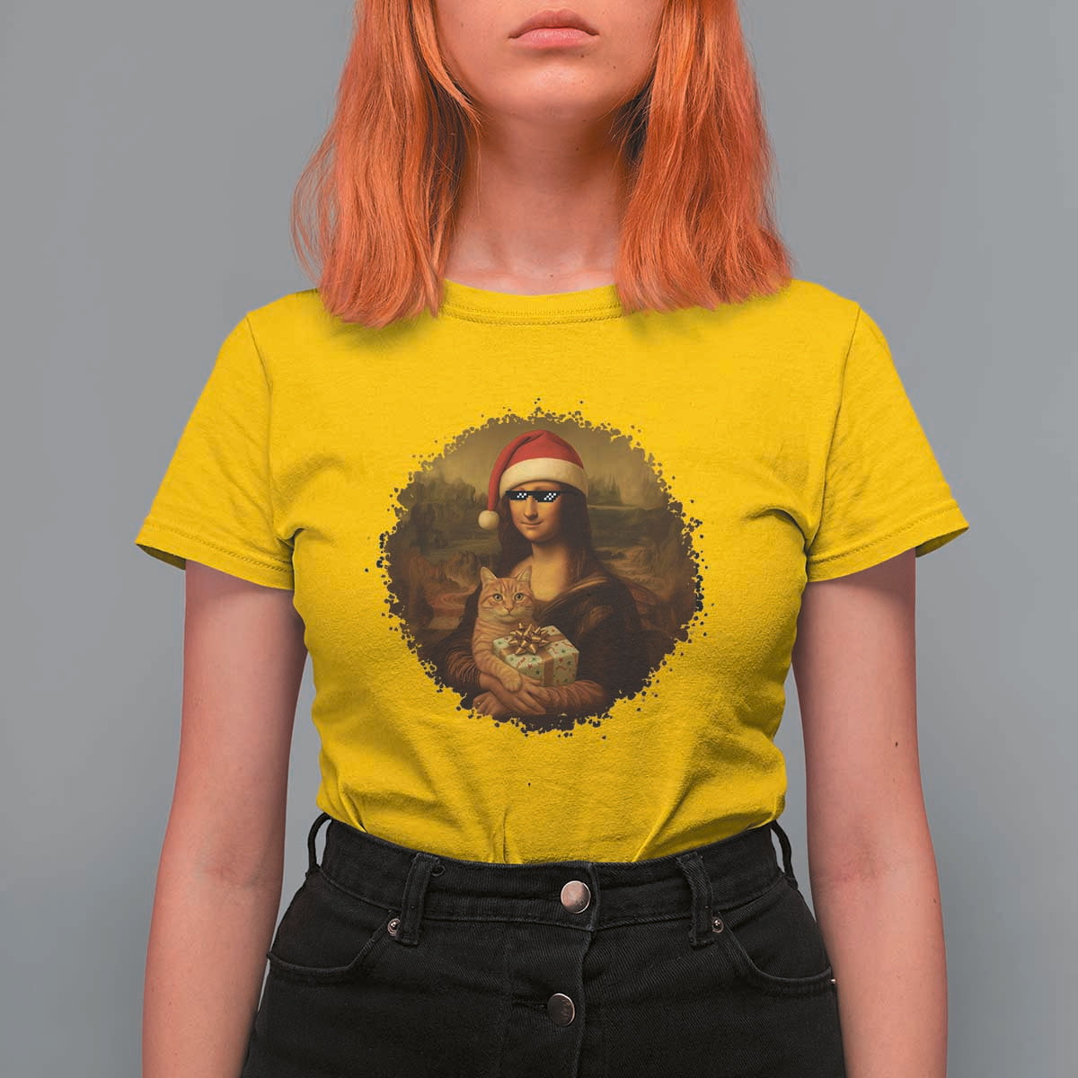 Chritsmas Mona Lisa T Shirt For Women Funny Holiday Kitty Lover - Wonder Print Shop