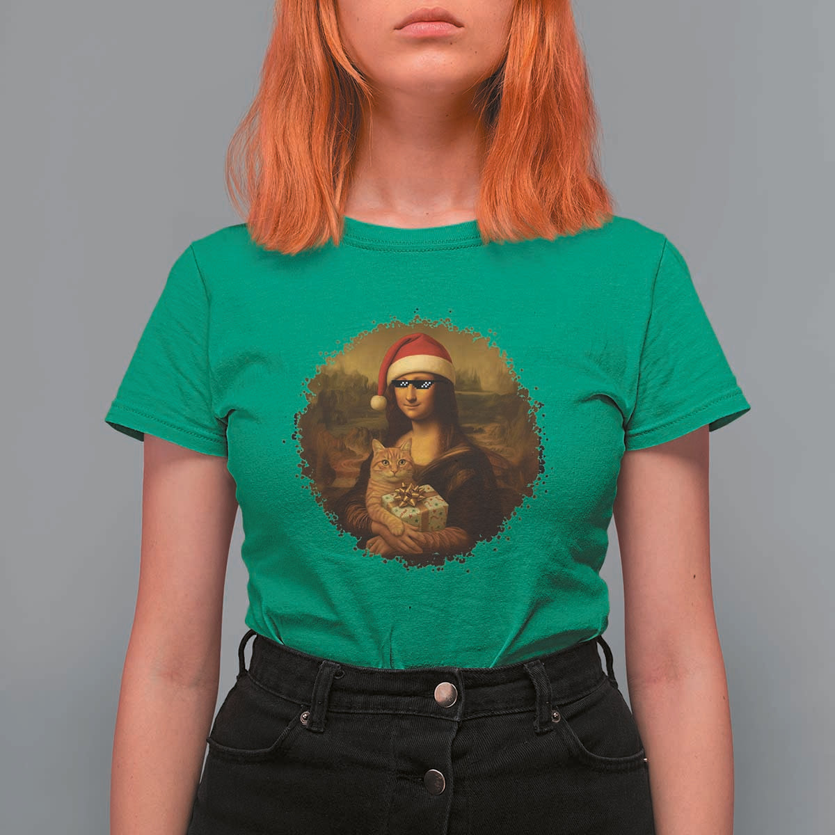 Chritsmas Mona Lisa T Shirt For Women Funny Holiday Kitty Lover - Wonder Print Shop