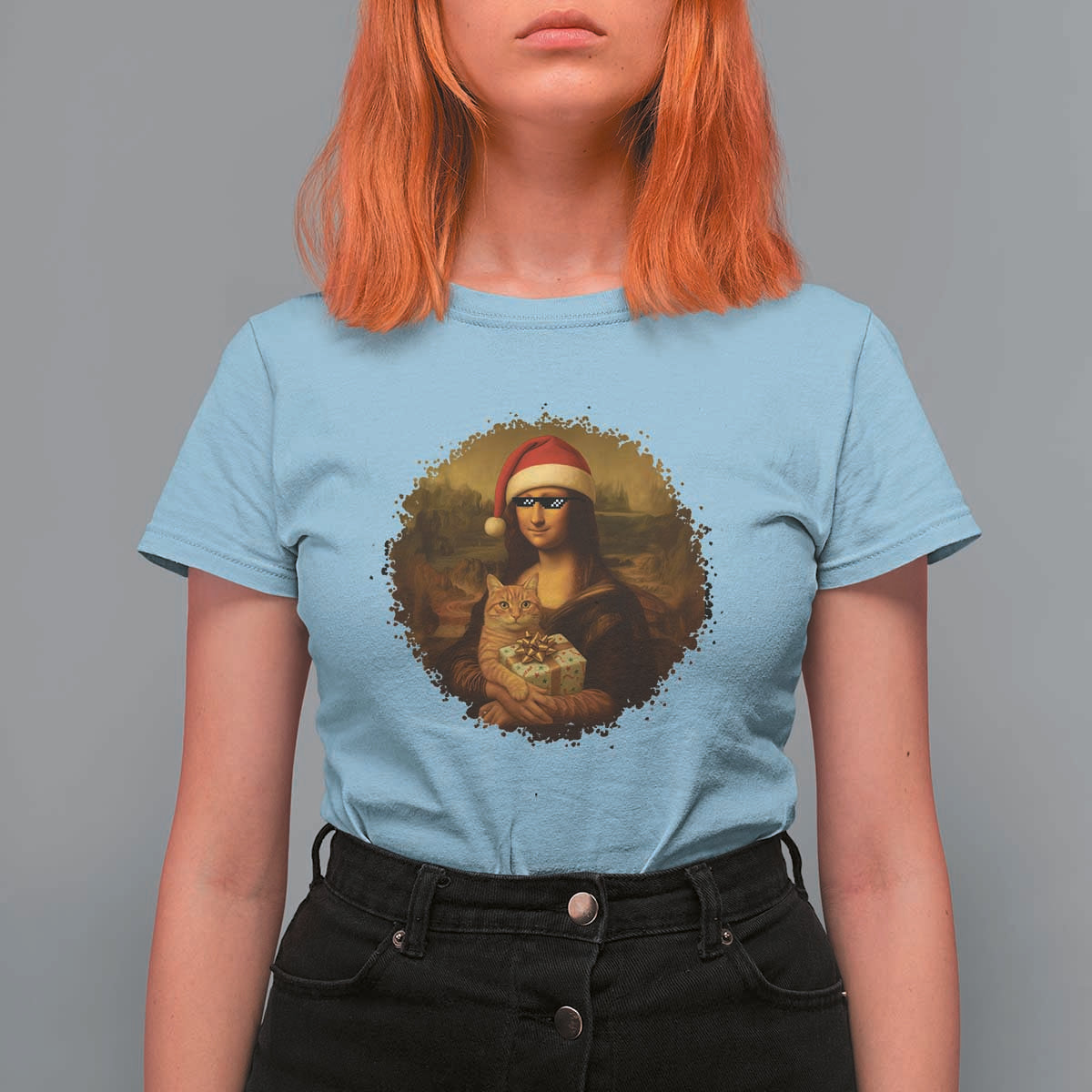 Chritsmas Mona Lisa T Shirt For Women Funny Holiday Kitty Lover - Wonder Print Shop