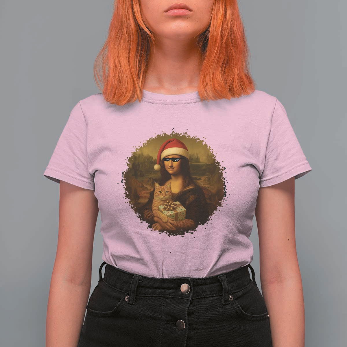 Chritsmas Mona Lisa T Shirt For Women Funny Holiday Kitty Lover - Wonder Print Shop
