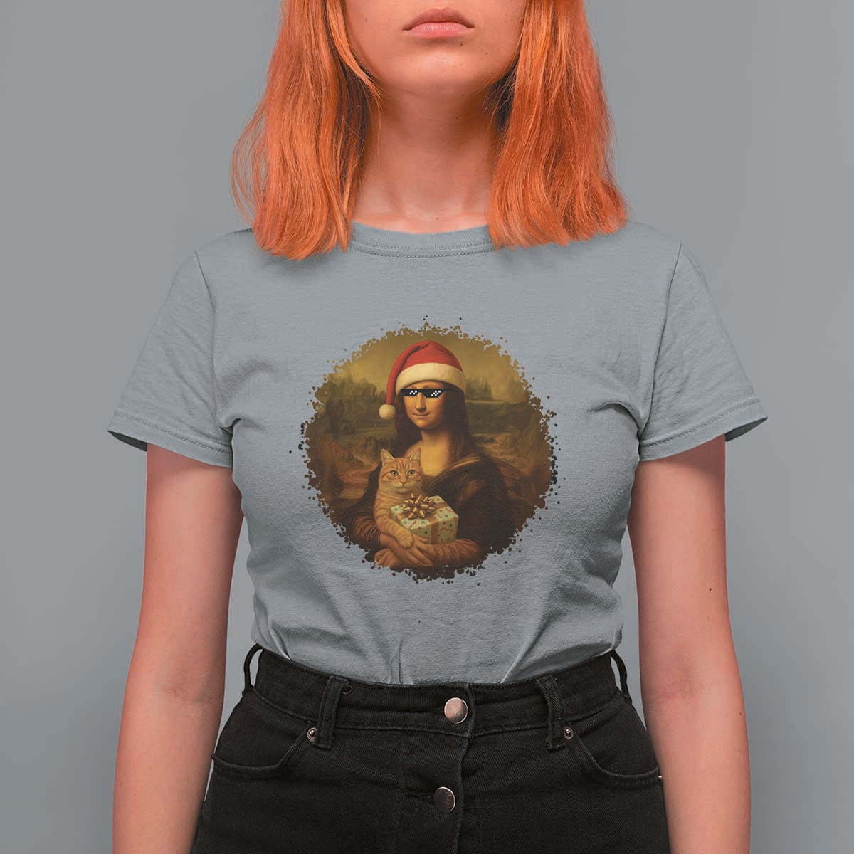 Chritsmas Mona Lisa T Shirt For Women Funny Holiday Kitty Lover - Wonder Print Shop