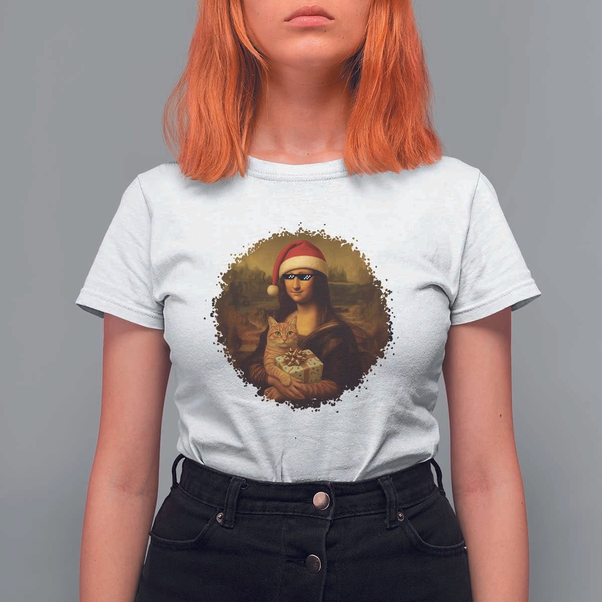 Chritsmas Mona Lisa T Shirt For Women Funny Holiday Kitty Lover - Wonder Print Shop