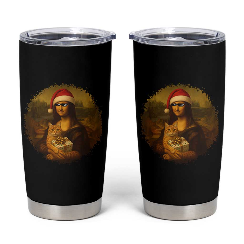 Chritsmas Mona Lisa Tumbler Cup Funny Holiday Kitty Lover