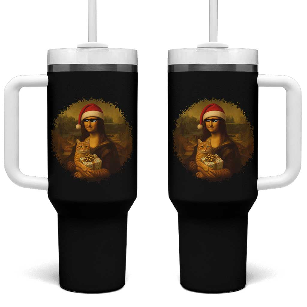 Chritsmas Mona Lisa Tumbler With Handle Funny Holiday Kitty Lover